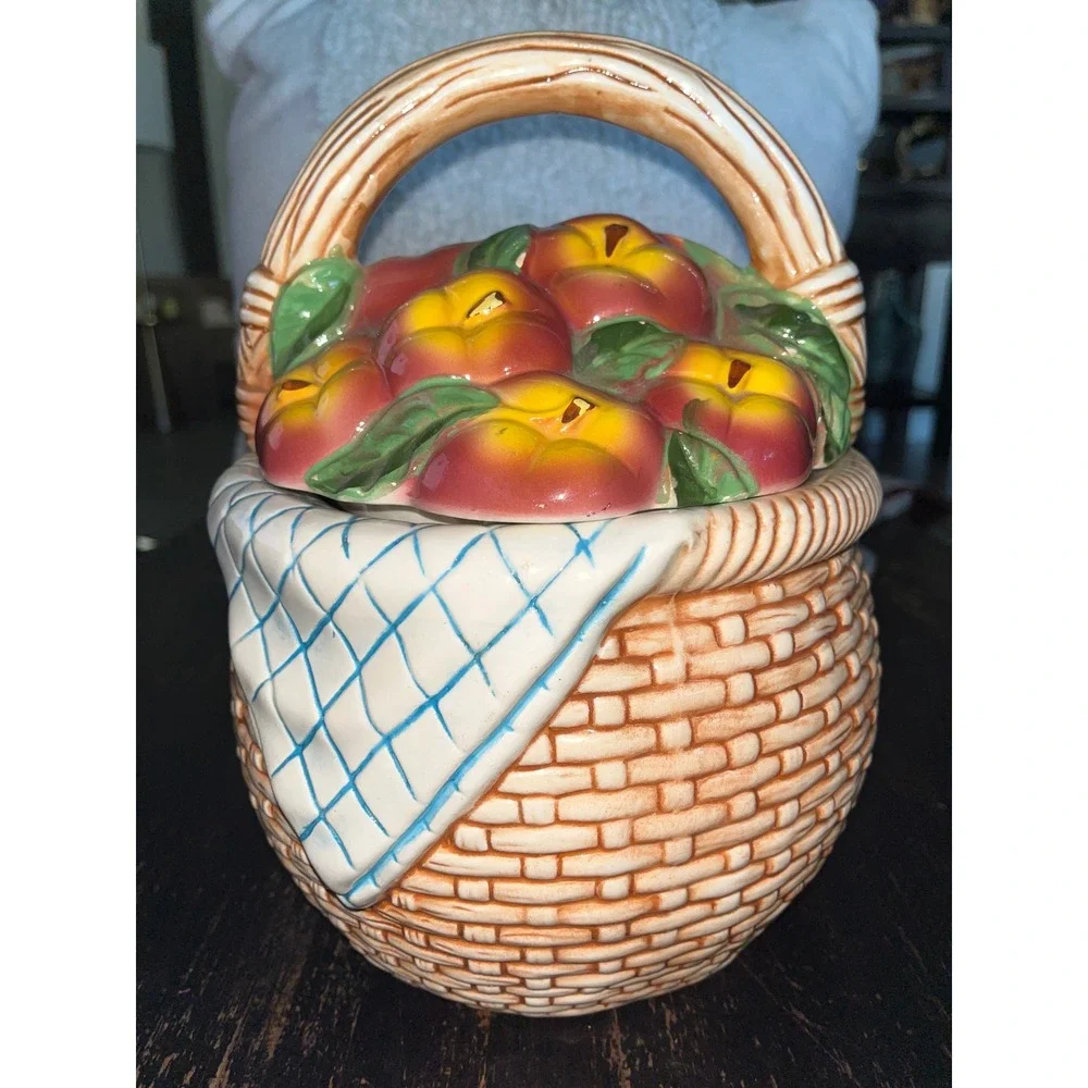 Vintage Ceramic Apple Basket Cookie Jar Farmhouse Kitchen Decor Hand Painted